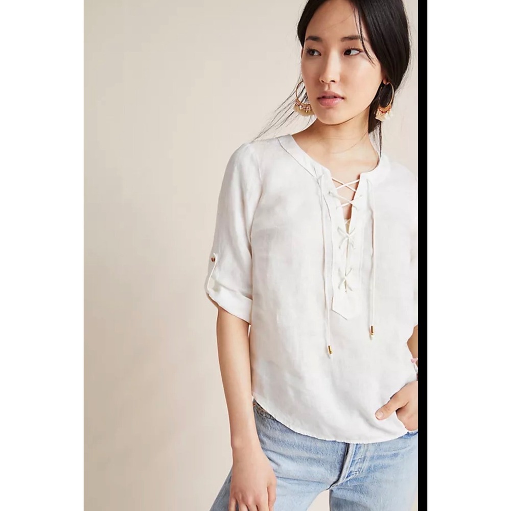 Maeve Renfair Coastal 100% Linen Lace Up Blouse Womens 0 Resort Fisherman Boho